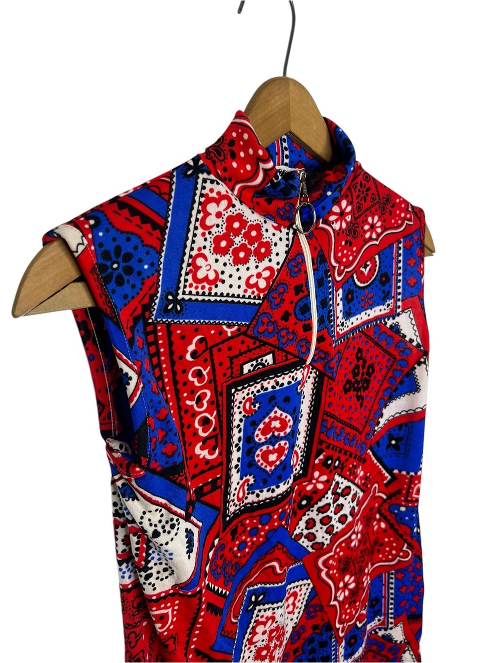 Vintage 1970s Bandana Patchwork Tunic Top Mod Patriotic Red White Blue Medium - Picture 3 of 10